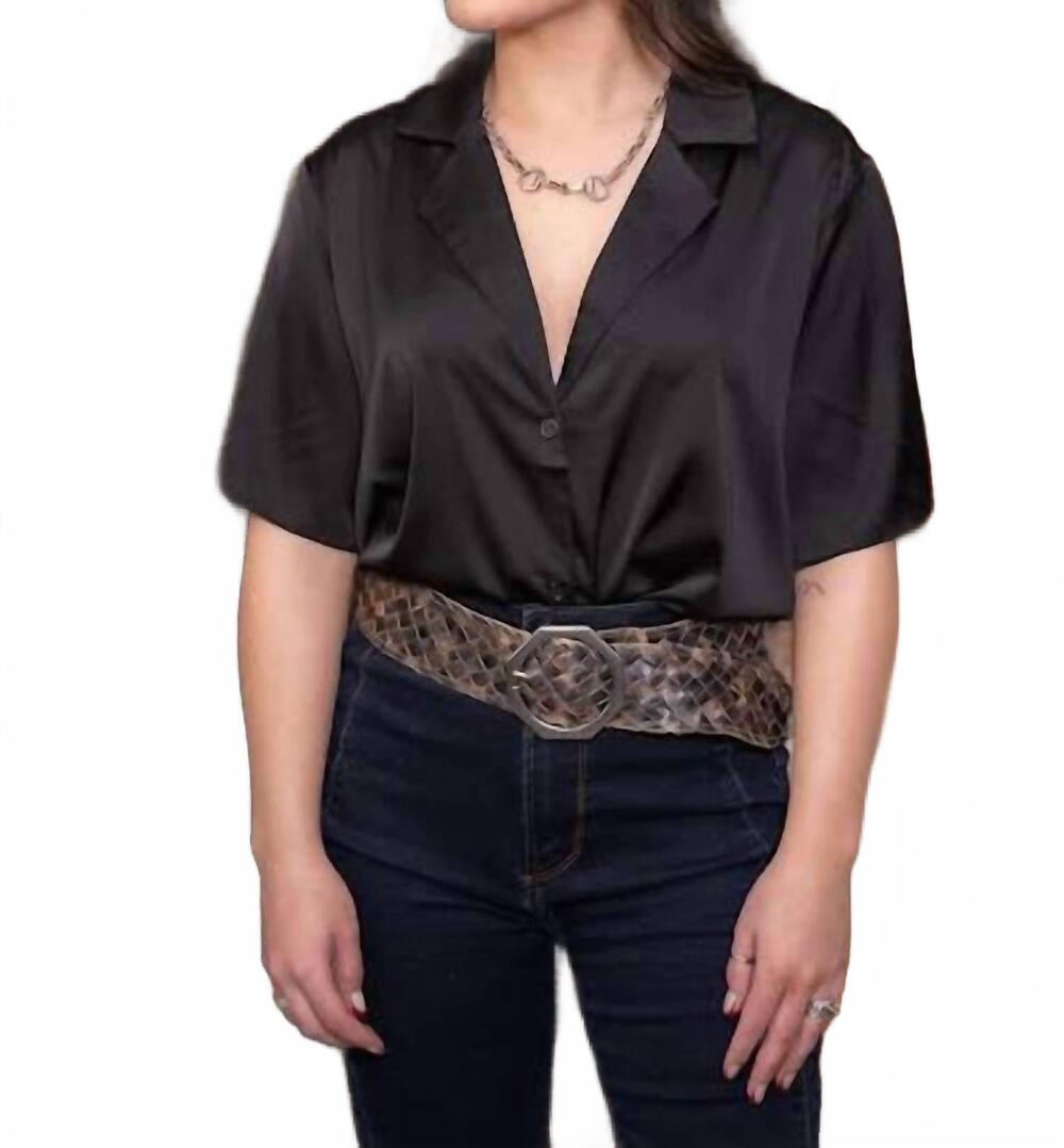 NEW EESOME satin button up short sleeve blouse in black